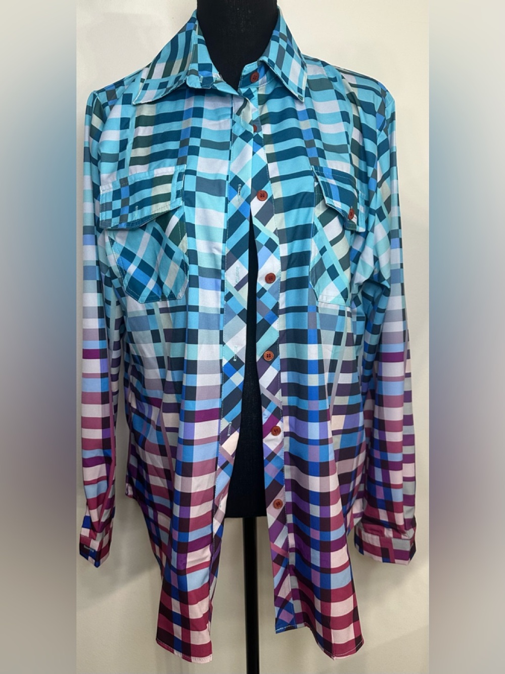 SHEIN Blue to Purple Ombré Plaid Button-Up Women's Shirt - Size L -N w/o T